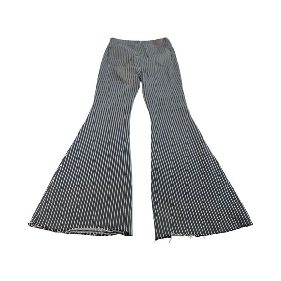 JUDY BLUE 7/28 Jeans High Waist Super Flare Striped Raw Hem Stretch Denim - Picture 2 of 5